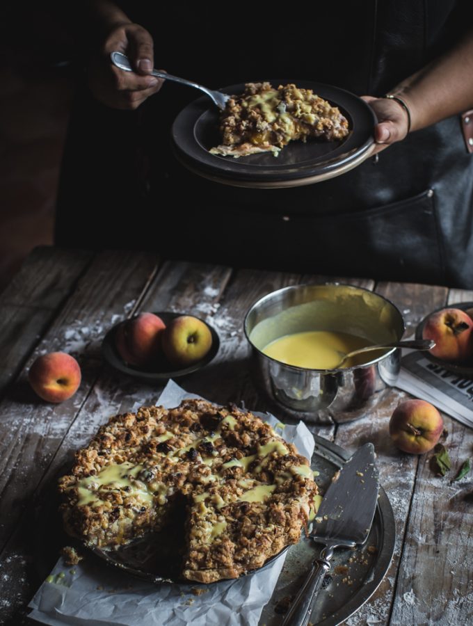 Peach Crumble Pie w Salted Pecans Nutmeg Creme Anglaise